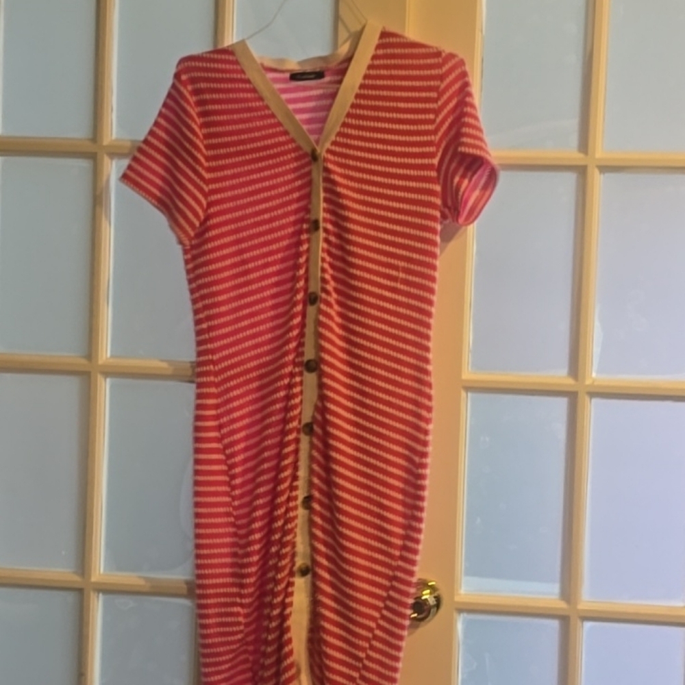 Pink and White Striped Dress with Tan Trim